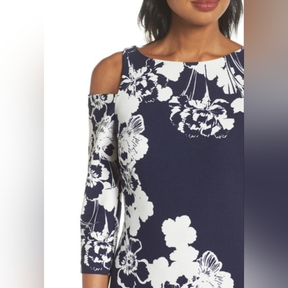 Eliza J Navy Blue and White Cold Shoulder Floral Pansy Print Dress Size 6 - Picture 4 of 12
